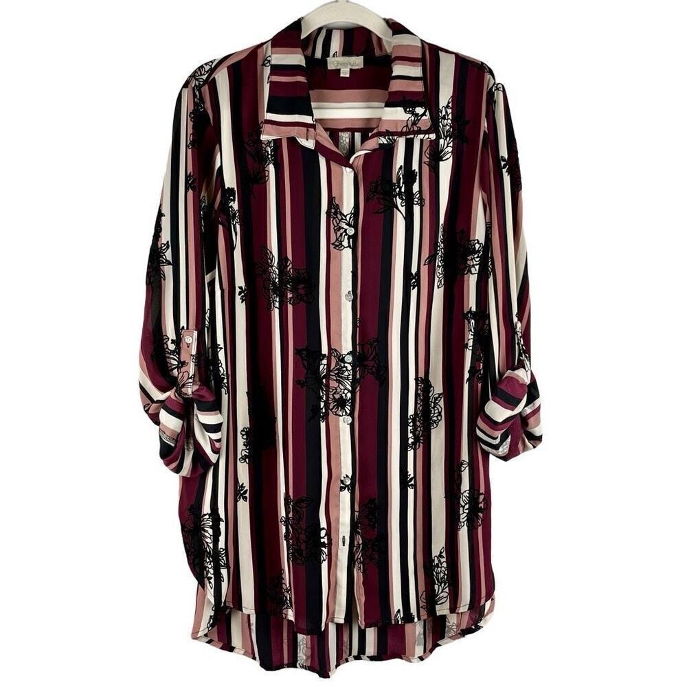 Chenault Women’s Floral Striped Button Down 2X